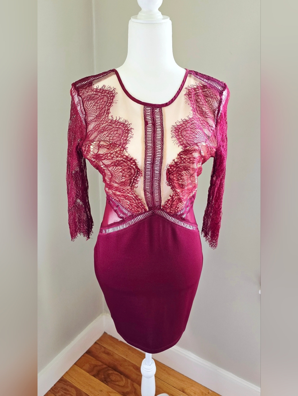 Burgundy Sheer & Lace Bodycon Dress